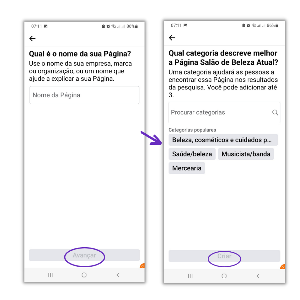 Nome da página e categorias do perfil comercial do Facebook