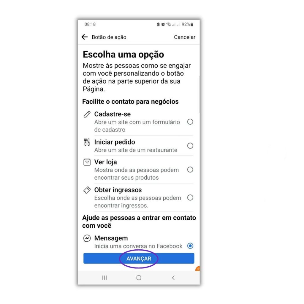 Configurar o Botão de ação do Facebook comercial